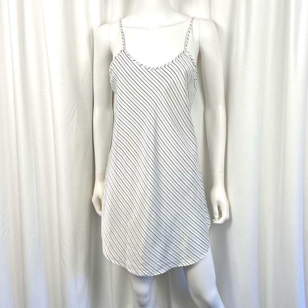 Vintage 1990’s ‘Linda Bis’ White Navy Horizontal Striped Satin Mini Slip Dress •